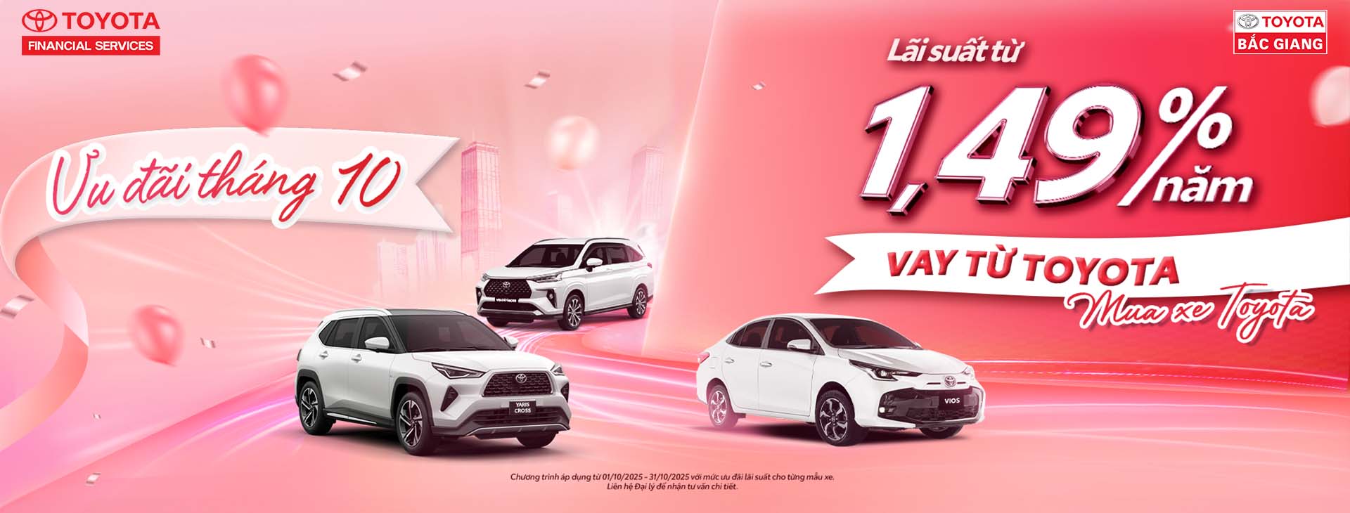 Bạn đang tìm chiếc xe Toyota phù hợp với tài chính của mình? Tháng 10 này, Toyota Bắc Giang mang đến cơ hội đặc biệt với lãi suất hấp dẫn. Sở hữu xe Toyota yêu thích nay trở nên dễ dàng hơn bao giờ hết – nhẹ gánh tài chính, vững tay lái tương lai.