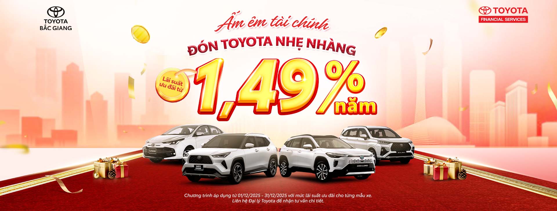 Bạn đang tìm chiếc xe Toyota phù hợp với tài chính của mình? Tháng 12 này, Toyota Bắc Giang mang đến cơ hội đặc biệt với lãi suất hấp dẫn. Sở hữu xe Toyota yêu thích nay trở nên dễ dàng hơn bao giờ hết – nhẹ gánh tài chính, vững tay lái tương lai.