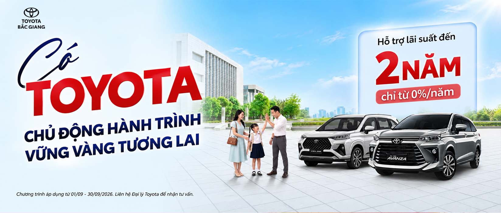 Toyota Veloz Cross và Avanza Premio nhận ưu đãi lãi suất từ 0%/năm trong tháng 9/2026, với hai phương án tài chính linh hoạt lên đến 24 tháng từ TFS Việt Nam.