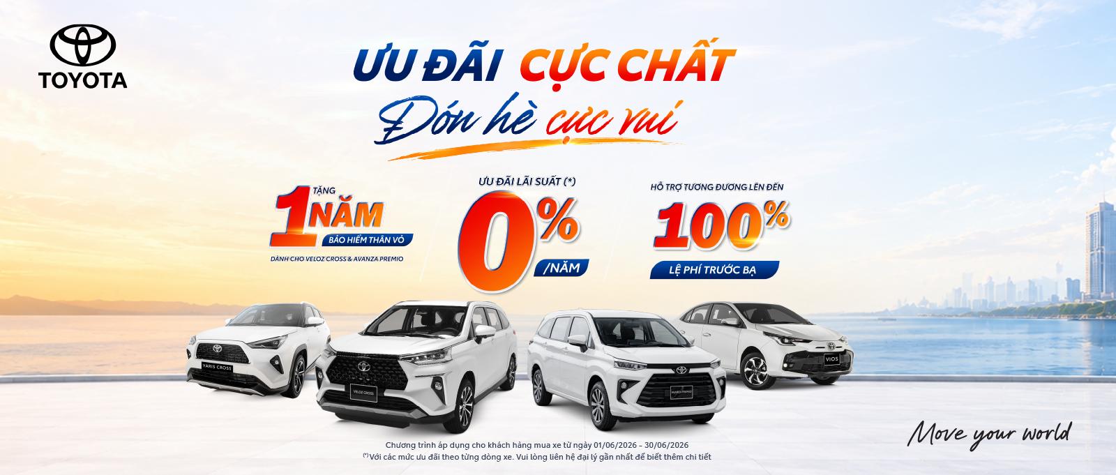 Toyota Bắc Giang triển khai chương trình khuyến mại tháng 6/2026 với nhiều ưu đãi hấp dẫn khi mua xe Toyota, hỗ trợ vay lãi suất ưu đãi và chính sách bảo hành chính hãng lên đến 10 năm hoặc 185.000 km.