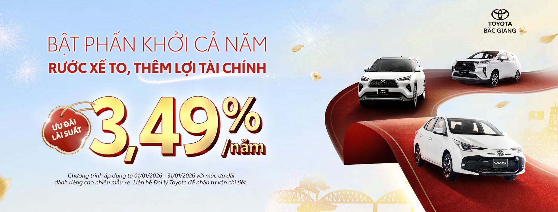 Bạn đang tìm chiếc xe Toyota phù hợp với tài chính của mình? Tháng 1 này, Toyota Bắc Giang mang đến cơ hội đặc biệt với lãi suất hấp dẫn. Sở hữu xe Toyota yêu thích nay trở nên dễ dàng hơn bao giờ hết – nhẹ gánh tài chính, vững tay lái tương lai.