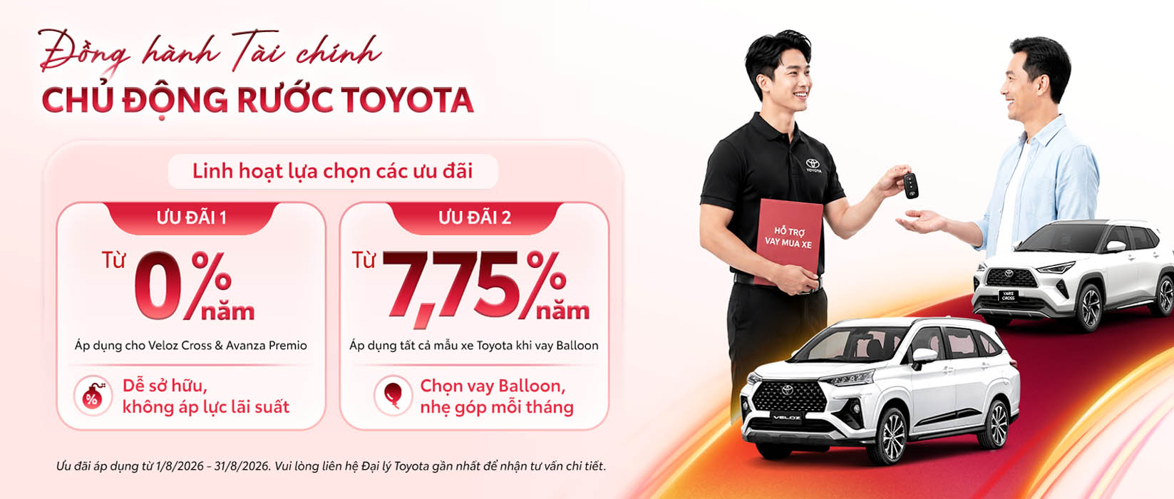 Với khoản trả trước chỉ từ 15% giá trị xe, khách hàng có thể dễ dàng lên kế hoạch sở hữu Toyota theo nhu cầu, đồng thời tận hưởng các giải pháp vay linh hoạt cùng ưu đãi lãi suất hấp dẫn từ TFSVN.