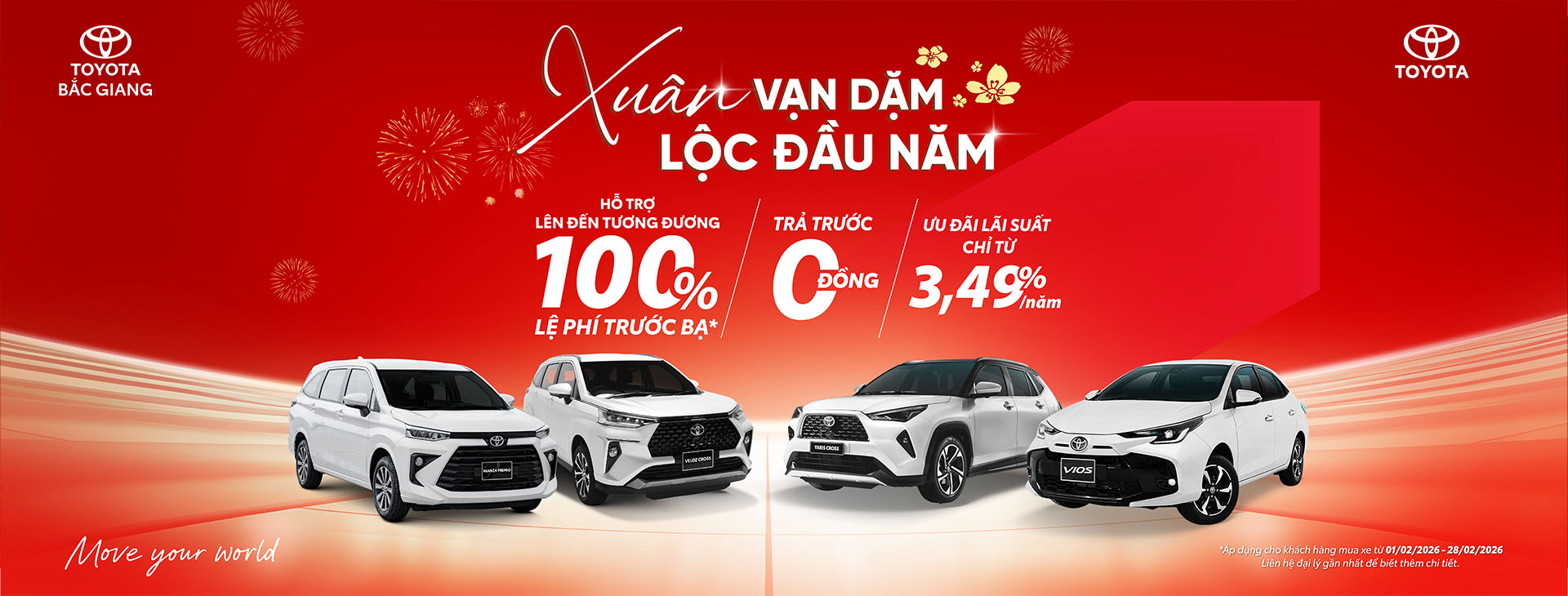 Toyota Bắc Giang triển khai chương trình khuyến mại tháng 2/2026 với nhiều ưu đãi hấp dẫn khi mua xe Toyota, hỗ trợ vay lãi suất ưu đãi và chính sách bảo hành chính hãng lên đến 10 năm hoặc 185.000 km.