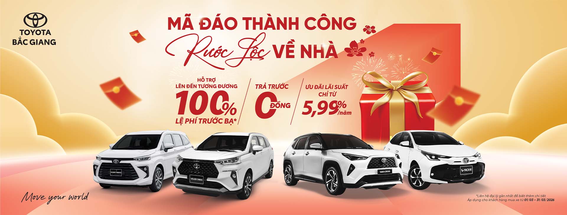 Toyota Bắc Giang triển khai chương trình khuyến mại tháng 3/2026 với nhiều ưu đãi hấp dẫn khi mua xe Toyota, hỗ trợ vay lãi suất ưu đãi và chính sách bảo hành chính hãng lên đến 10 năm hoặc 185.000 km.