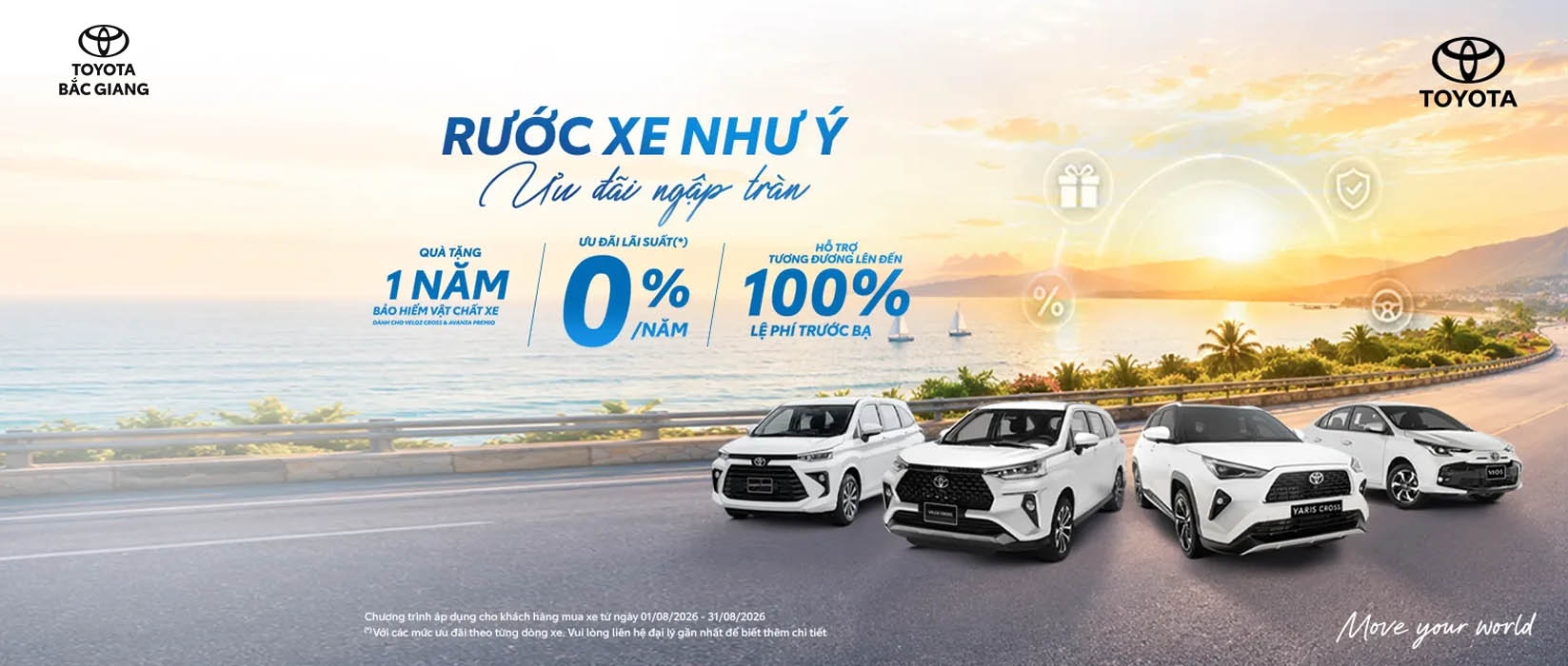 Nhằm hỗ trợ khách hàng tối ưu chi phí lăn bánh và dễ dàng sở hữu xe trong tháng 8, Toyota Bắc Giang triển khai chương trình khuyến mại quy mô lớn dành cho các dòng xe chủ lực bao gồm Vios, Veloz Cross, Avanza Premio và Yaris Cross.