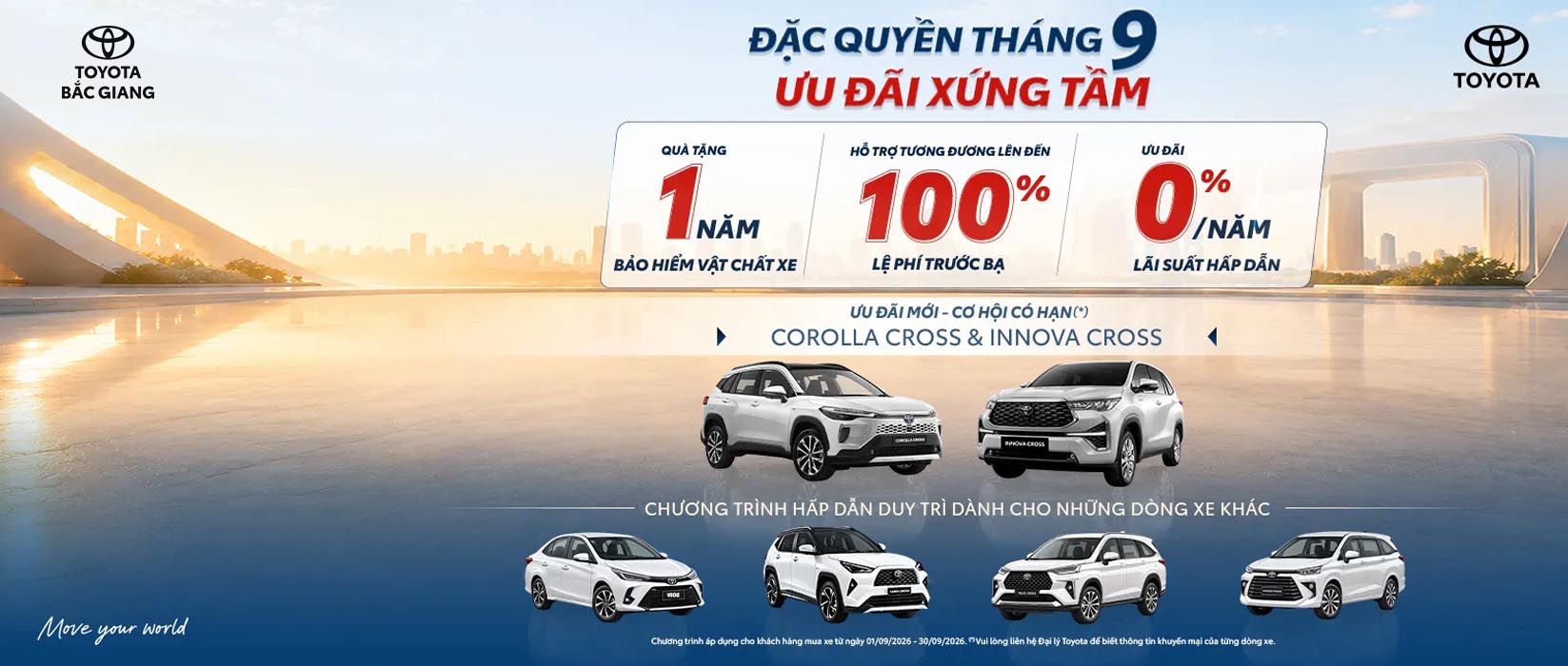 Tháng 9/2026, đại lý chính thức tung ra chương trình khuyến mãi quy mô cực lớn dành cho khách hàng mua xe Toyota. Cơ hội sở hữu những dòng xe hot nhất thị trường với hàng loạt đặc quyền: Hỗ trợ 100% lệ phí trước bạ, tặng bảo hiểm vật chất và ưu đãi lãi suấ