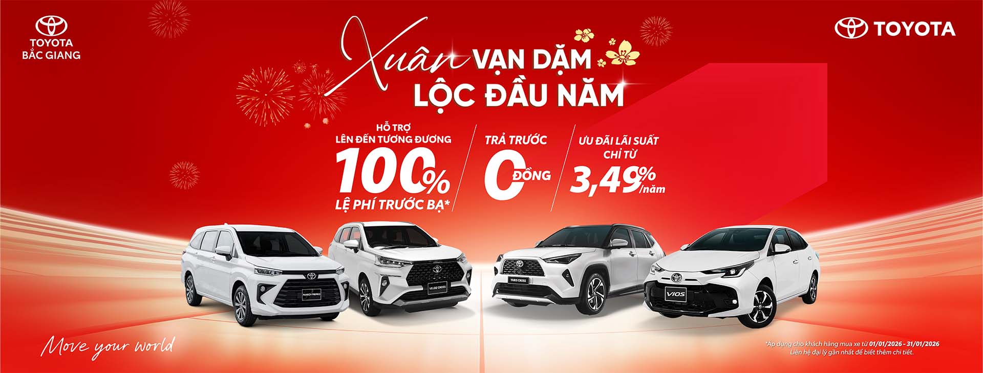 Toyota Bắc Giang triển khai chương trình khuyến mại tháng 1/2026 với nhiều ưu đãi hấp dẫn khi mua xe Toyota, hỗ trợ vay lãi suất ưu đãi và chính sách bảo hành chính hãng lên đến 10 năm hoặc 185.000 km.